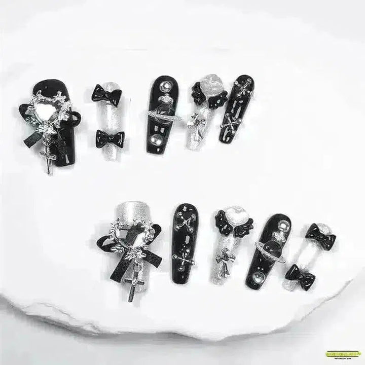 10-Piece Punk Gothic Handmade Black Long Press-On Nails with Intricate Bows and Cameo Decorations - Reusable & Perfect for Daily Wear