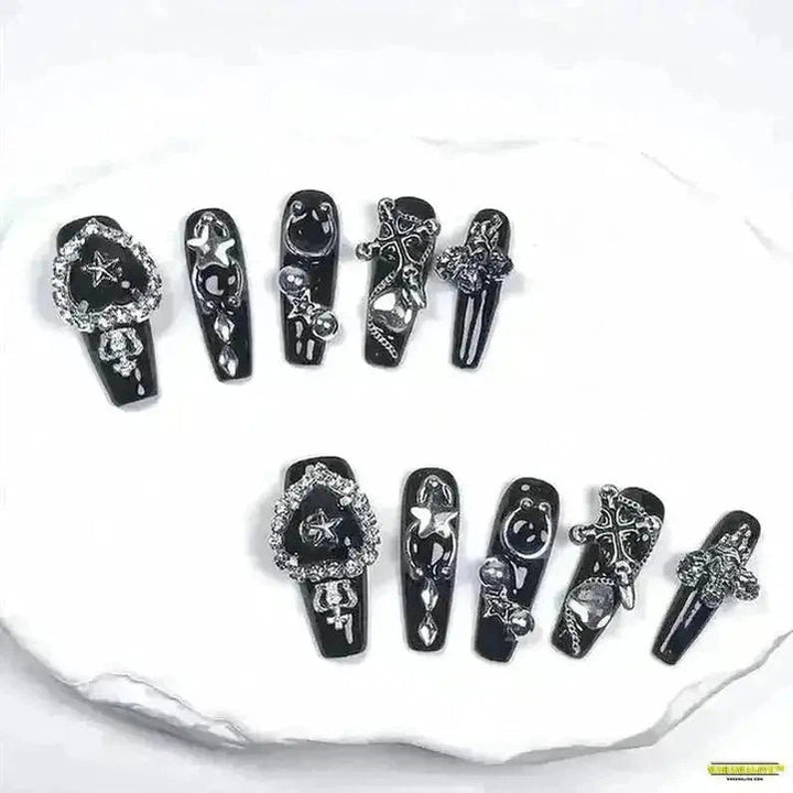 10-Piece Punk Gothic Handmade Black Long Press-On Nails with Intricate Bows and Cameo Decorations - Reusable & Perfect for Daily Wear