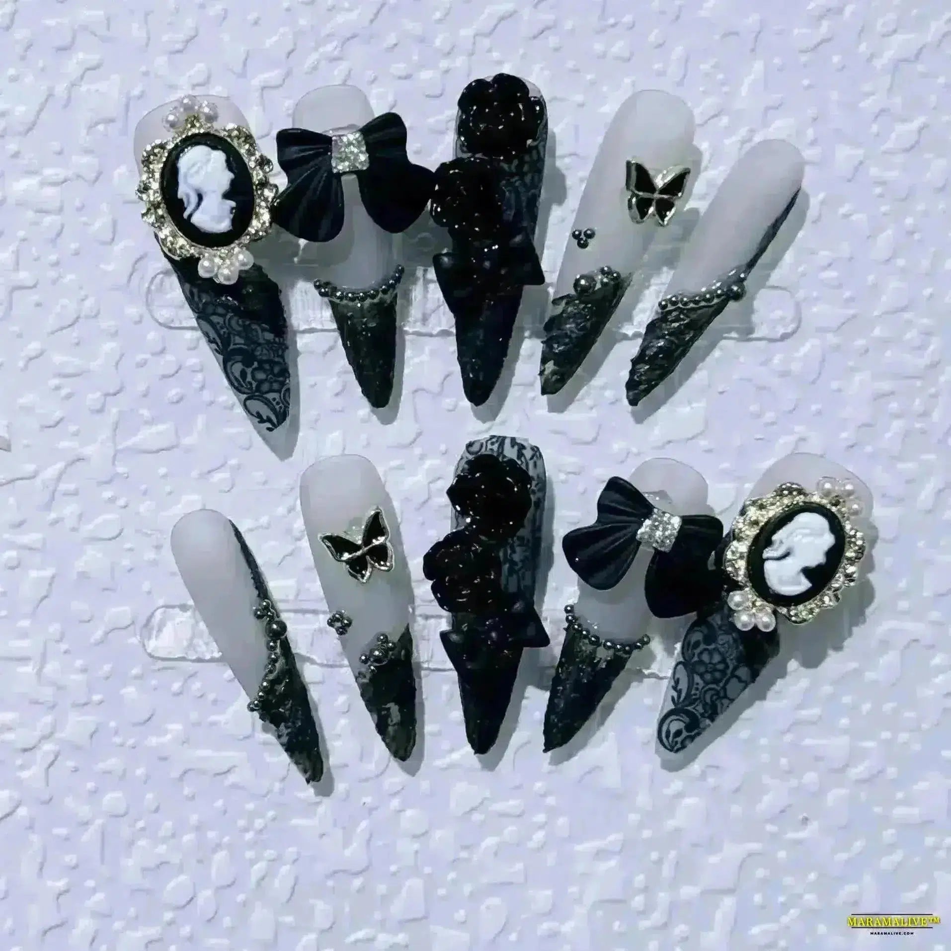 10-Piece Punk Gothic Handmade Black Long Press-On Nails with Intricate Bows and Cameo Decorations - Reusable & Perfect for Daily Wear