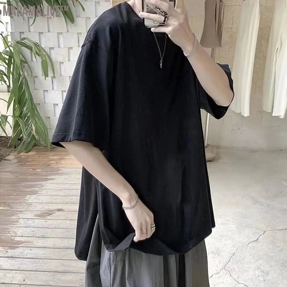 100% Cotton Summer Men Darkness Yamamoto Wind Side Slit Loose Wide Short Sleeve T-Shirt Big Hot Sale Broad Ins Hiphop Tops