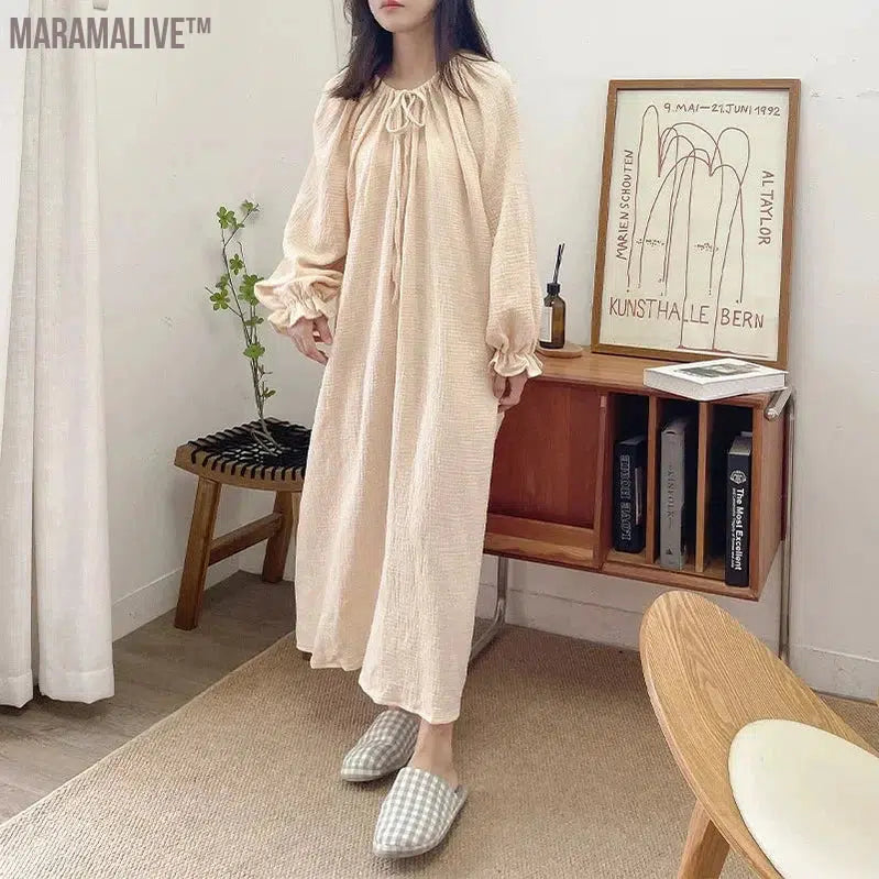 100% Cotton Women Dress Floral Casual Long-Sleeved Bandage Tie Up Oversized Loose Soft Comfortable Home Clothes Outside