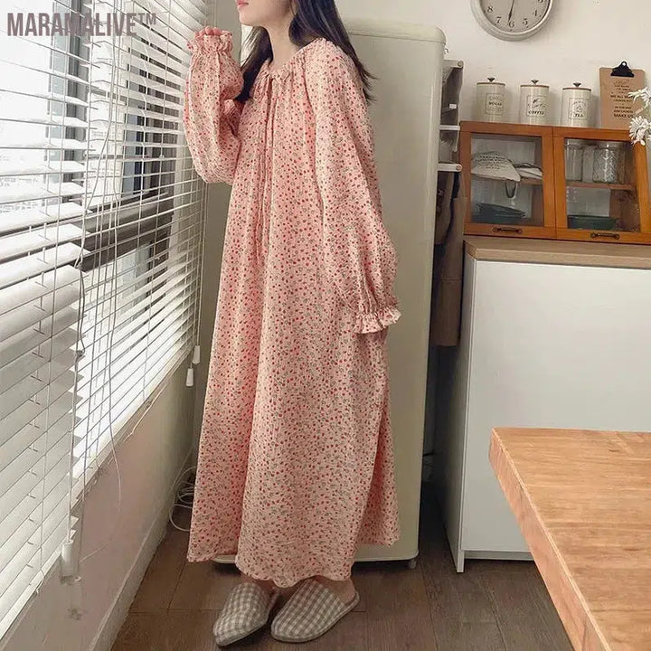 100% Cotton Women Dress Floral Casual Long-Sleeved Bandage Tie Up Oversized Loose Soft Comfortable Home Clothes Outside