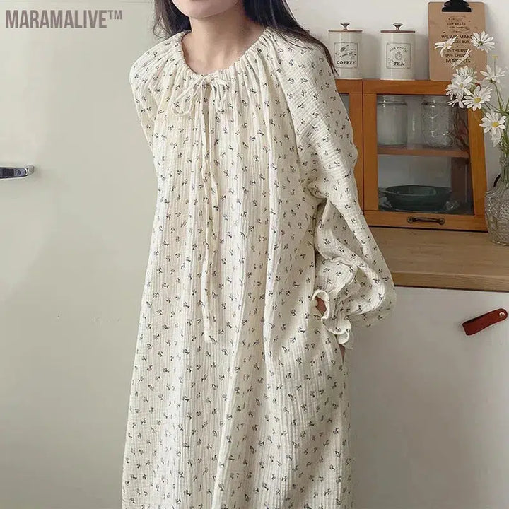 100% Cotton Women Dress Floral Casual Long-Sleeved Bandage Tie Up Oversized Loose Soft Comfortable Home Clothes Outside