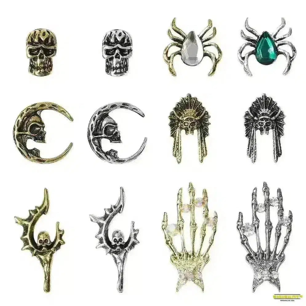 10Pcs Halloween Alloy Collection: 3D Gem Spider, Skull and Ghost Hand Nail Art Charm - Spooky, Gothic Nail Ornaments for Dynamic Style