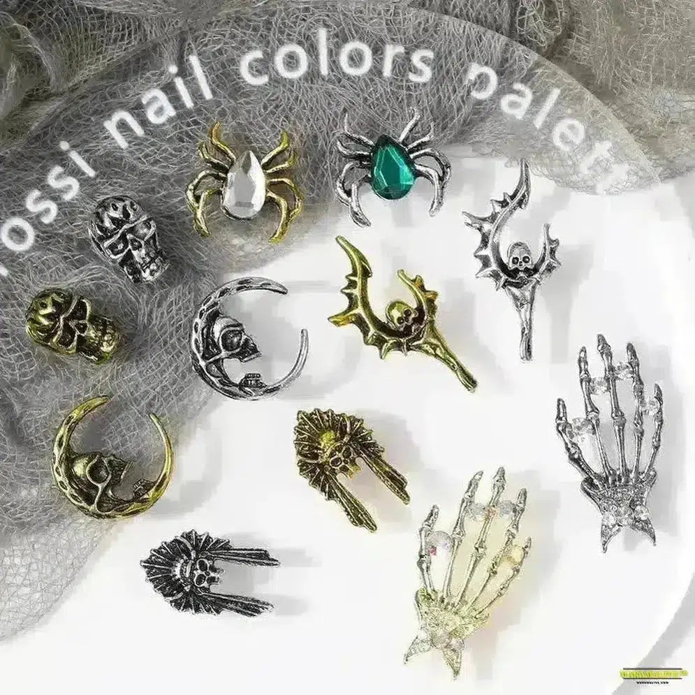 10Pcs Halloween Alloy Collection: 3D Gem Spider, Skull and Ghost Hand Nail Art Charm - Spooky, Gothic Nail Ornaments for Dynamic Style