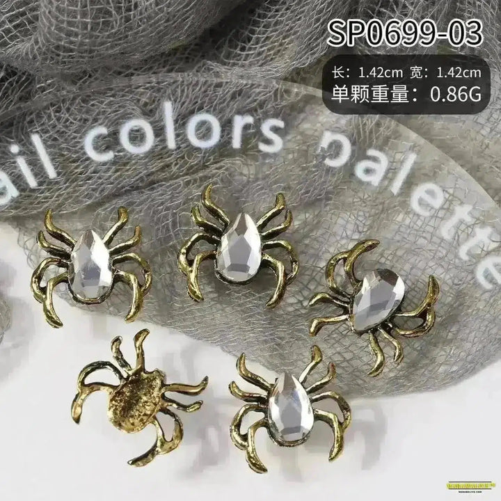 10Pcs Halloween Alloy Collection: 3D Gem Spider, Skull and Ghost Hand Nail Art Charm - Spooky, Gothic Nail Ornaments for Dynamic Style