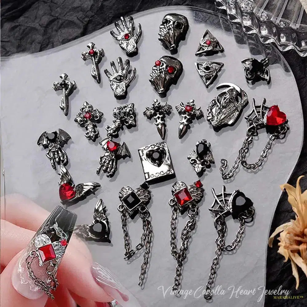 10pcs Dark Gothic Punk Style Nail Art Charms: Alloy Spider Cross & Halloween Ghost Hand - DIY Nail Art Accessories