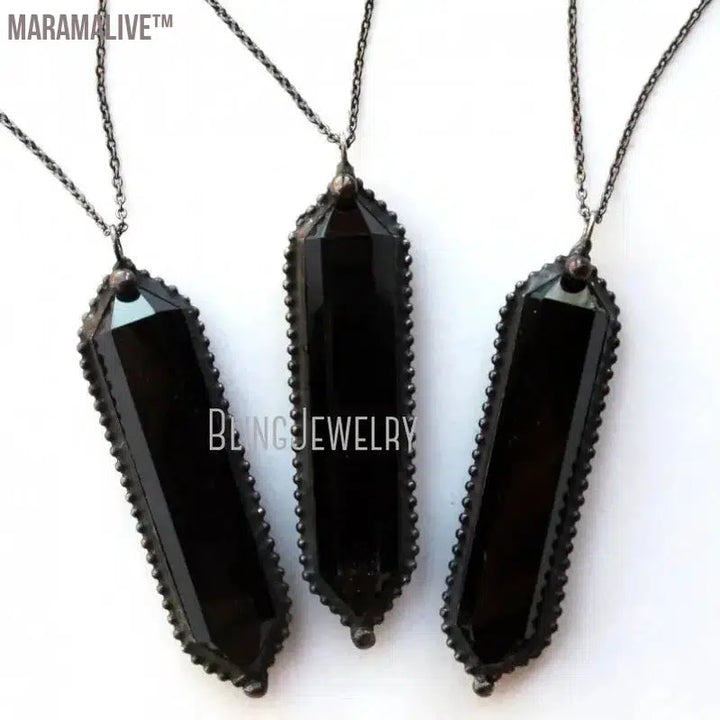 10pcs Large Black Obsidian Crystal Point Necklace Witch Pendulum Halloween Goth Stainless Steel Women Steampunk Emo Y2K Jewelry