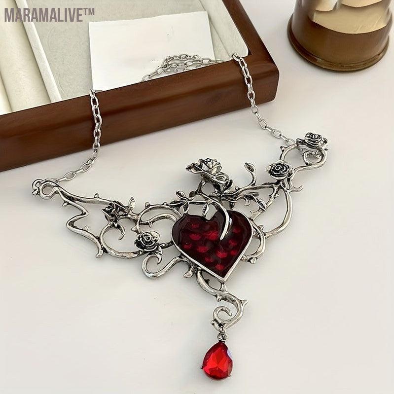 1pc Gothic Dark Style Rhinestone Inlaid Collar Choker Clavicle Chain For Valentine's Day Party Heart Branch Flower Necklace