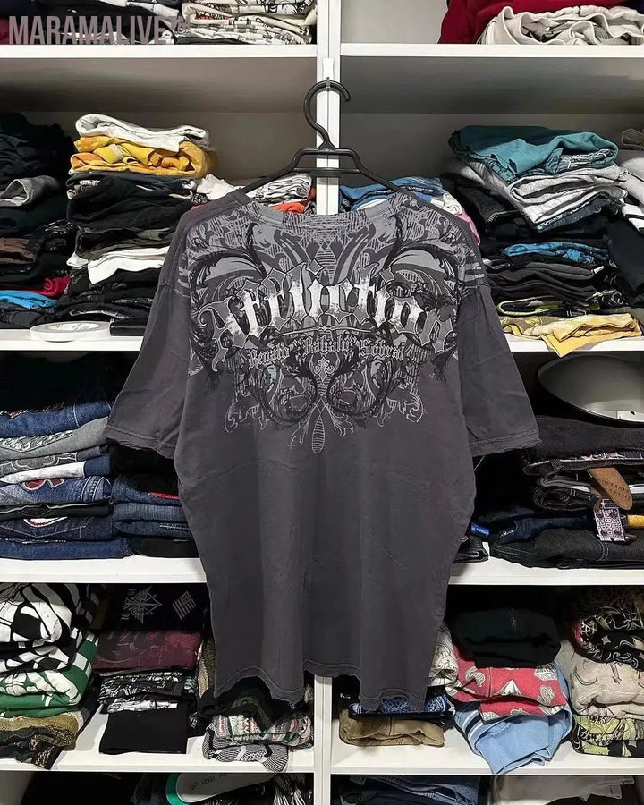 2000s Tshirt New Harajuku Retro Hip Hop Skull Pattern Oversized T shirt Mens Womens Short Sleeved Gothic Clothing Top Streetwear