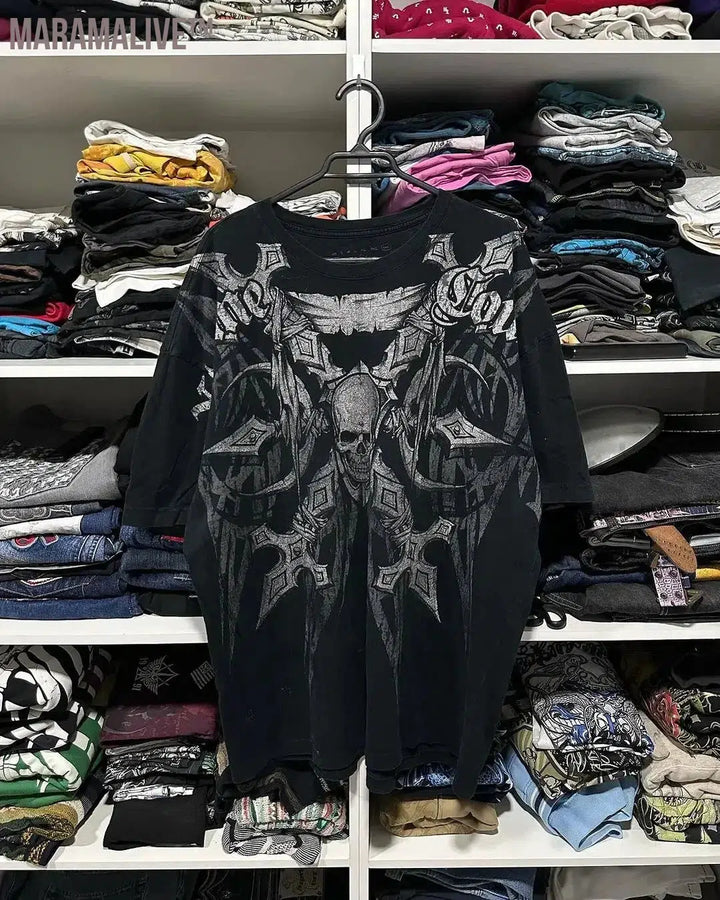 2000s Tshirt New Harajuku Retro Hip Hop Skull Pattern Oversized T shirt Mens Womens Short Sleeved Gothic Clothing Top Streetwear