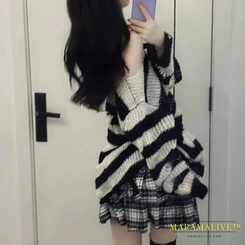 2024 90s Punk Gothic Long Sweater Women Dark Aesthetic Striped Pullovers Hollow Out Oversized Grunge Jumpers Emo Alt Clothes Y2k