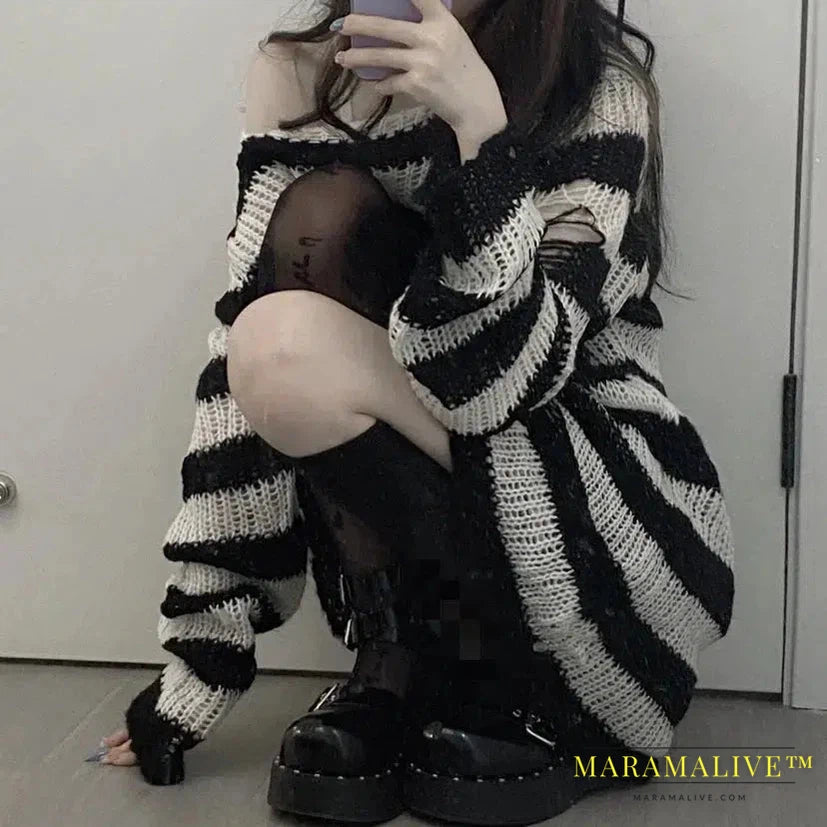 2024 90s Punk Gothic Long Sweater Women Dark Aesthetic Striped Pullovers Hollow Out Oversized Grunge Jumpers Emo Alt Clothes Y2k