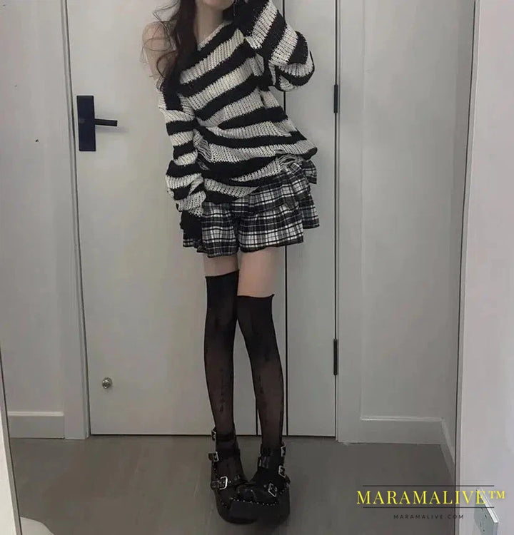 2024 90s Punk Gothic Long Sweater Women Dark Aesthetic Striped Pullovers Hollow Out Oversized Grunge Jumpers Emo Alt Clothes Y2k