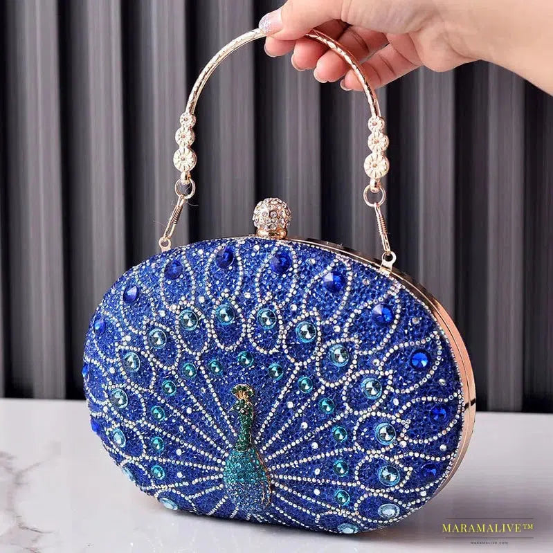 2024 Fashion Luxury Peacock Pattern Diamond Evening Bag - Unique Gothic Handbag with Rhinestone Shoulder Strap