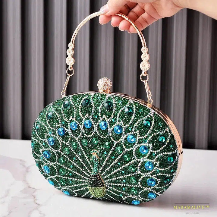 2024 Fashion Luxury Peacock Pattern Diamond Evening Bag - Unique Gothic Handbag with Rhinestone Shoulder Strap