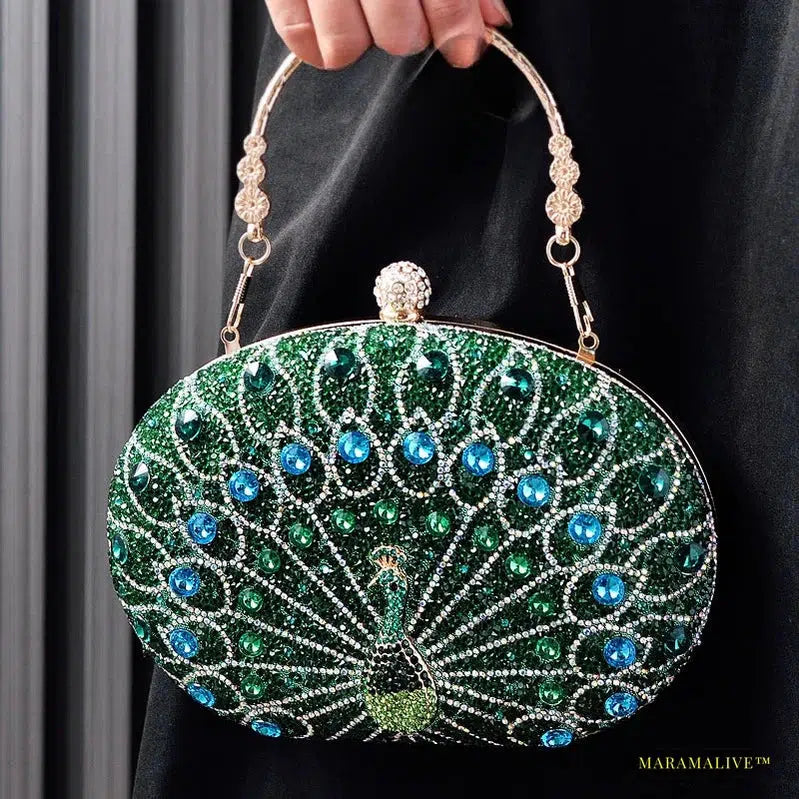 2024 Fashion Luxury Peacock Pattern Diamond Evening Bag - Unique Gothic Handbag with Rhinestone Shoulder Strap