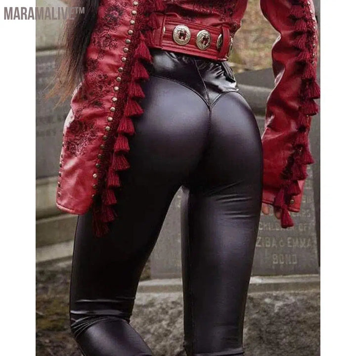 2024 Spring Autumn Women High Waist PU Leather Skinny Push Up Pants Sporty Female Faux Leather Leggings Streetwear Clothing traf