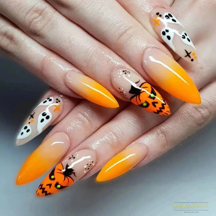 24 Piece Halloween Ghost & Pumpkin Ghoulish Press-On Nail Art Set - A Mysterious Glamour Twist To Your Spooky Costume