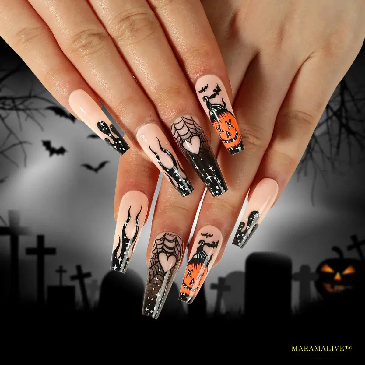 24 Piece Halloween Ghost & Pumpkin Ghoulish Press-On Nail Art Set - A Mysterious Glamour Twist To Your Spooky Costume