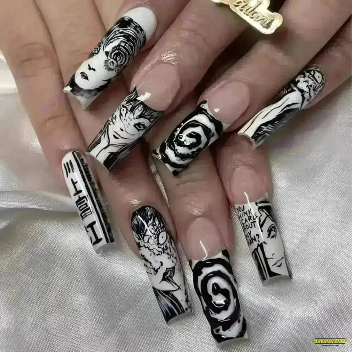 24PCS Almond Horror Manga Gothic Style Black & White Anime Nail Art - Press on Unique Japanese Comics Pattern Fake Nails