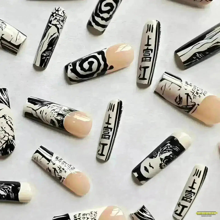 24PCS Almond Horror Manga Gothic Style Black & White Anime Nail Art - Press on Unique Japanese Comics Pattern Fake Nails