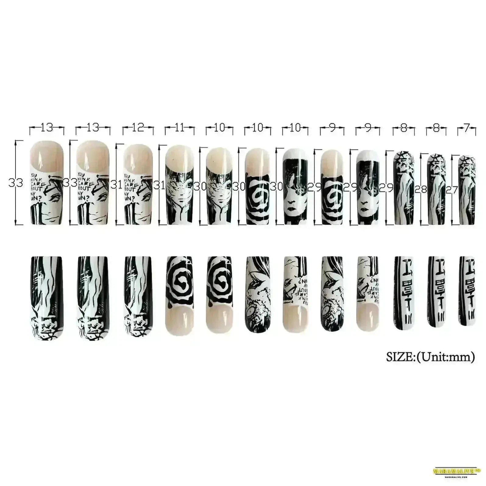 24PCS Almond Horror Manga Gothic Style Black & White Anime Nail Art - Press on Unique Japanese Comics Pattern Fake Nails