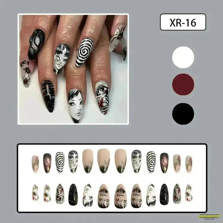 24PCS Almond Horror Manga Gothic Style Black & White Anime Nail Art - Press on Unique Japanese Comics Pattern Fake Nails