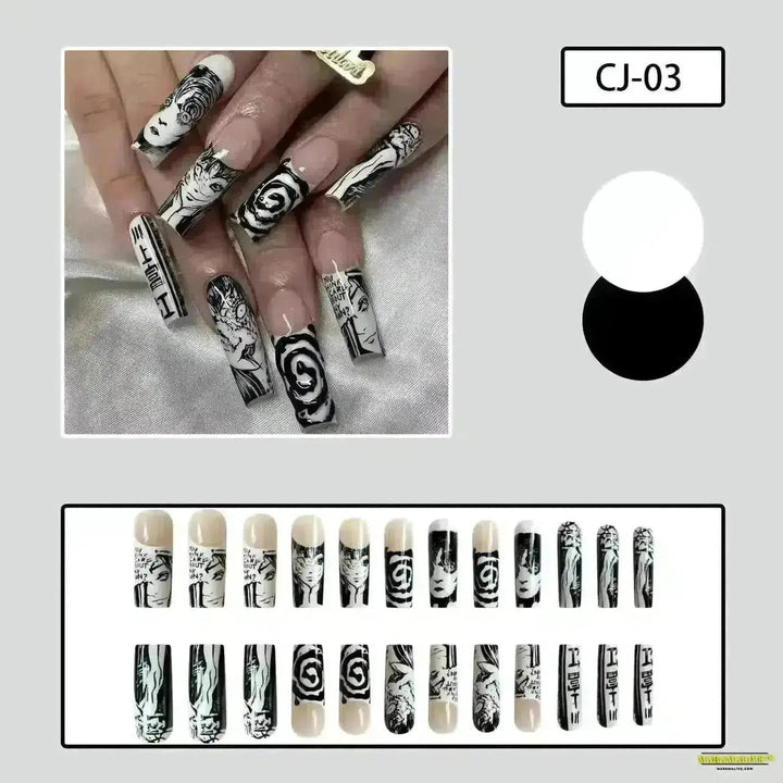 24PCS Almond Horror Manga Gothic Style Black & White Anime Nail Art - Press on Unique Japanese Comics Pattern Fake Nails