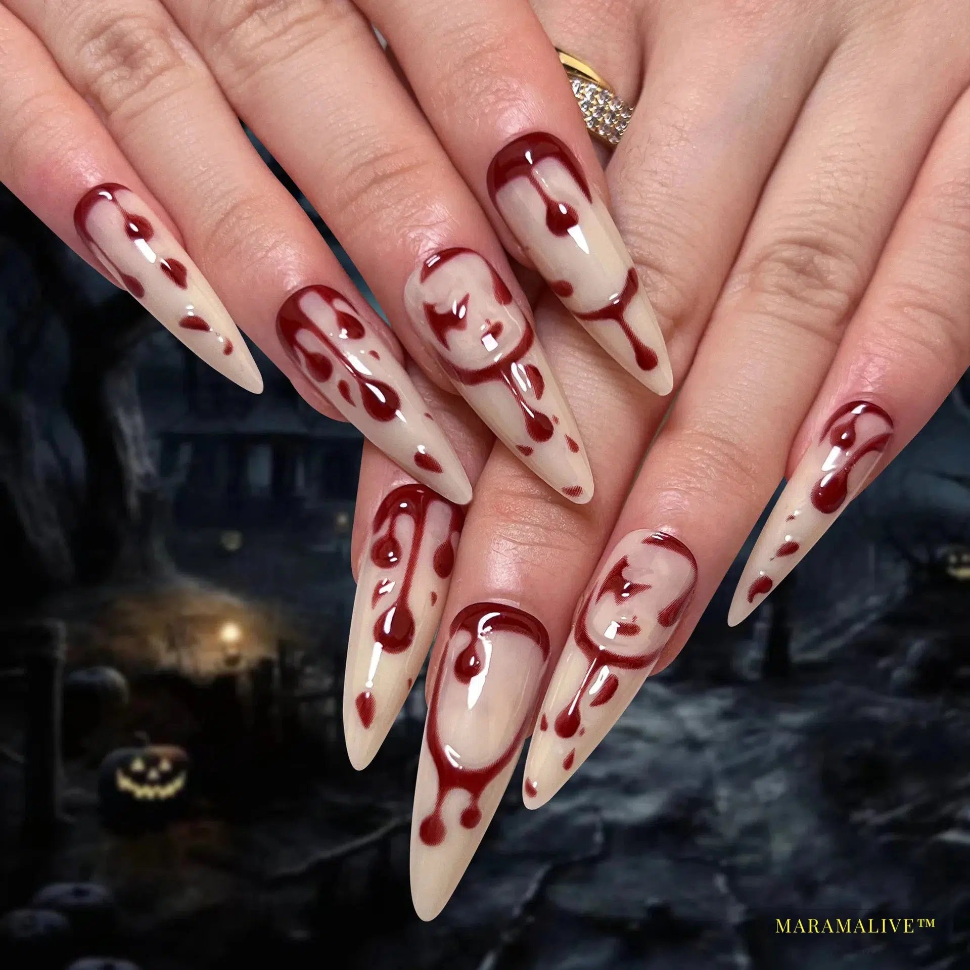 24Pcs Black Y2k Diamond Halloween Long Almond False Nails with Butterfly Design - Gothic Oval Press-on Nail Tips