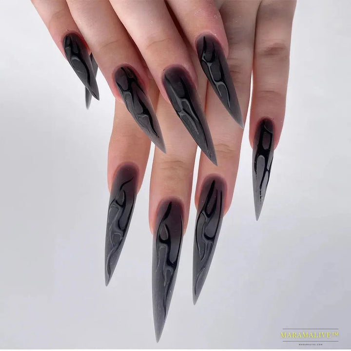 24Pcs Black Y2k Diamond Halloween Long Almond False Nails with Butterfly Design - Gothic Oval Press-on Nail Tips