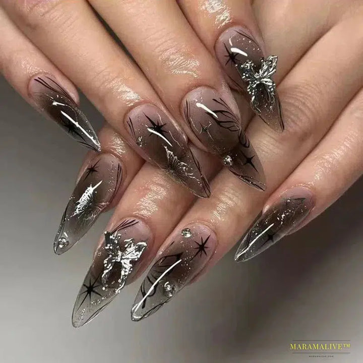 24Pcs Black Y2k Diamond Halloween Long Almond False Nails with Butterfly Design - Gothic Oval Press-on Nail Tips