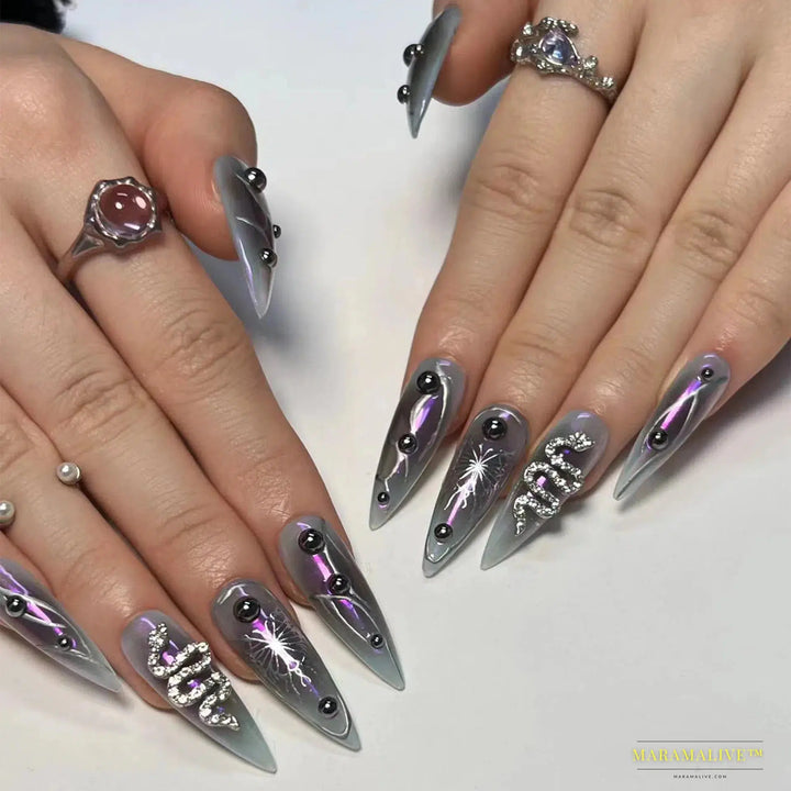 24Pcs Black Y2k Diamond Halloween Long Almond False Nails with Butterfly Design - Gothic Oval Press-on Nail Tips