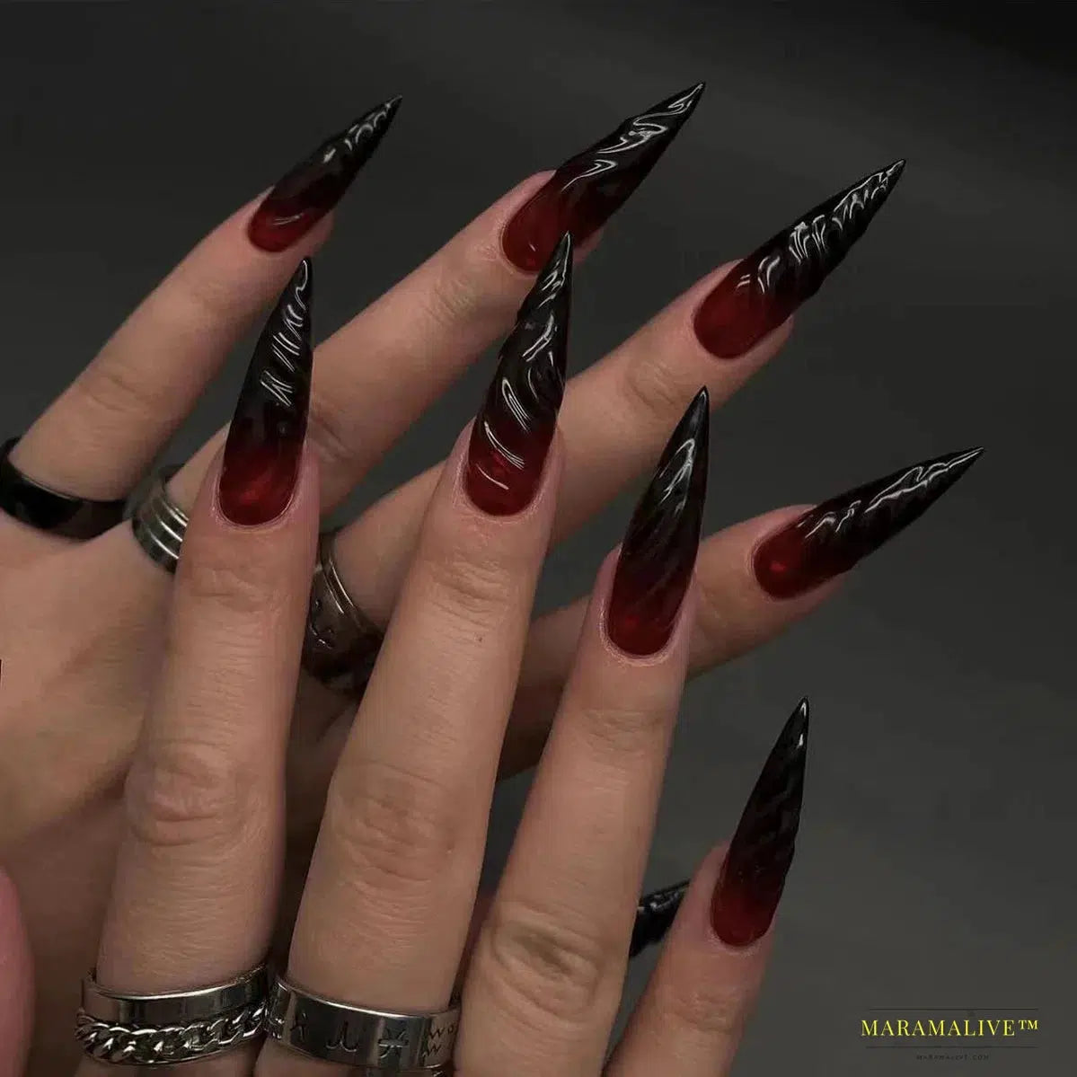 24Pcs Black Y2k Diamond Halloween Long Almond False Nails with Butterfly Design - Gothic Oval Press-on Nail Tips