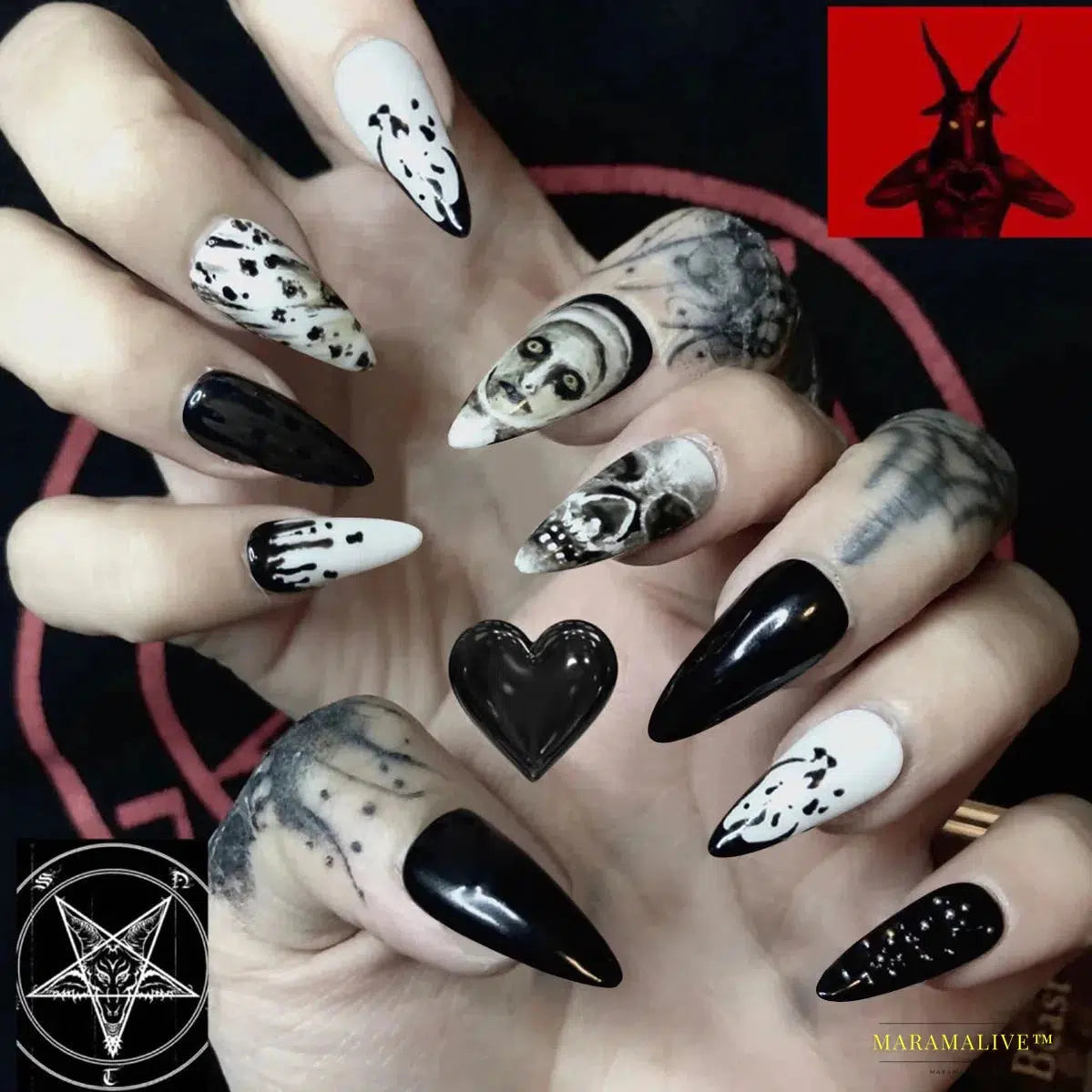 24Pcs Horror Comic Tomie Press on Nails Almond Glossy Black Japanese Anime Nails Reusable Halloween False Nail Tips for Girls