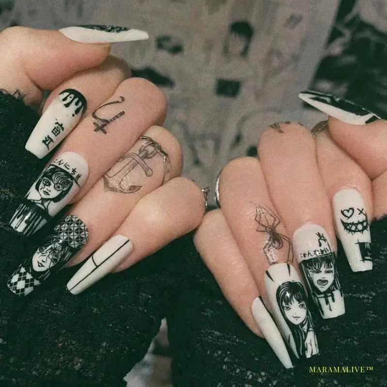 24Pcs Horror Comic Tomie Press on Nails Almond Glossy Black Japanese Anime Nails Reusable Halloween False Nail Tips for Girls