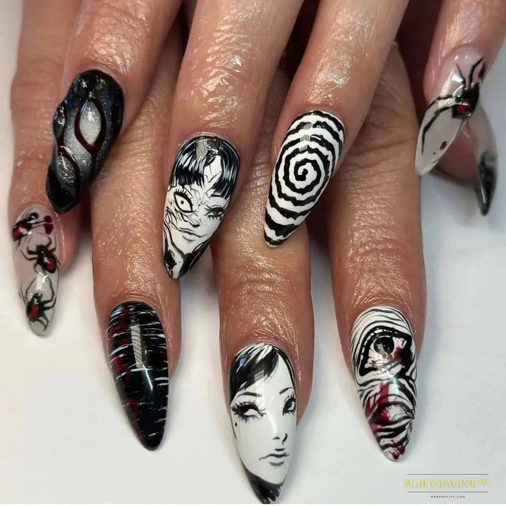 24Pcs Horror Comic Tomie Press on Nails Almond Glossy Black Japanese Anime Nails Reusable Halloween False Nail Tips for Girls