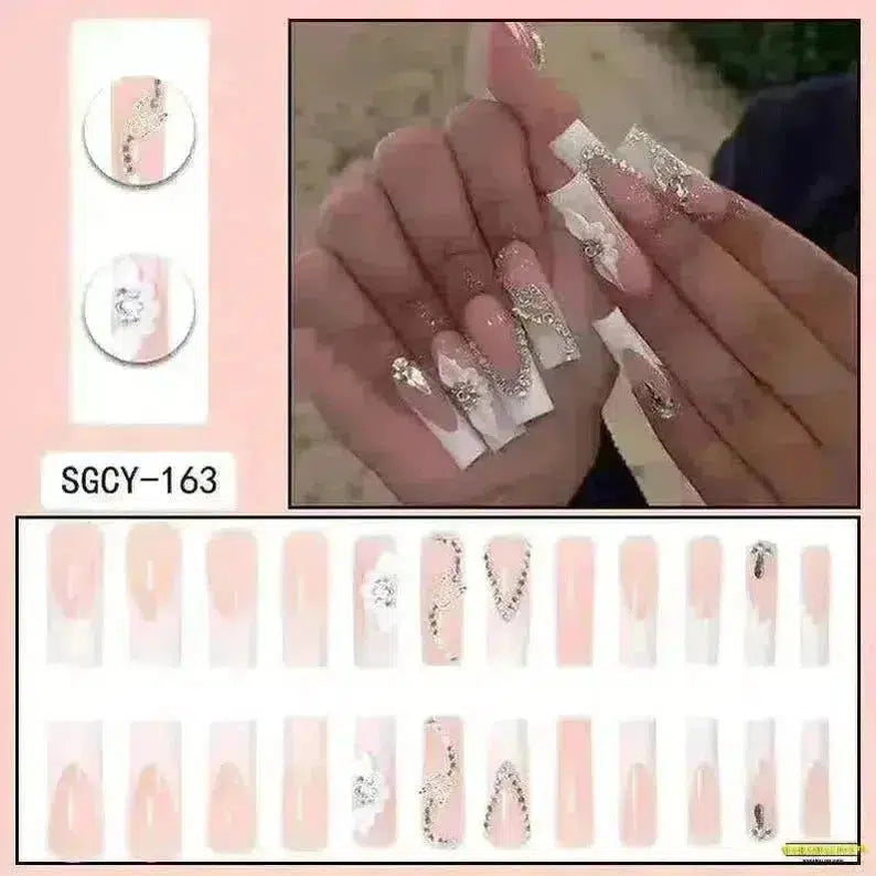 24Pcs Pink & White Flower Press-On Nails with Diamond Chain - Long French False Nails - Gothic Spooky Style Nail Art