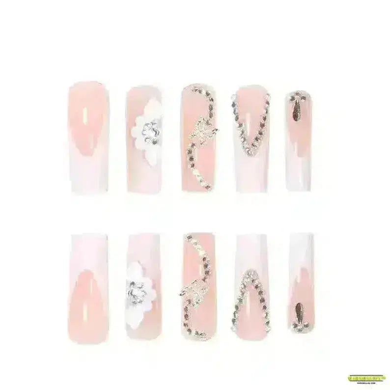 24Pcs Pink & White Flower Press-On Nails with Diamond Chain - Long French False Nails - Gothic Spooky Style Nail Art