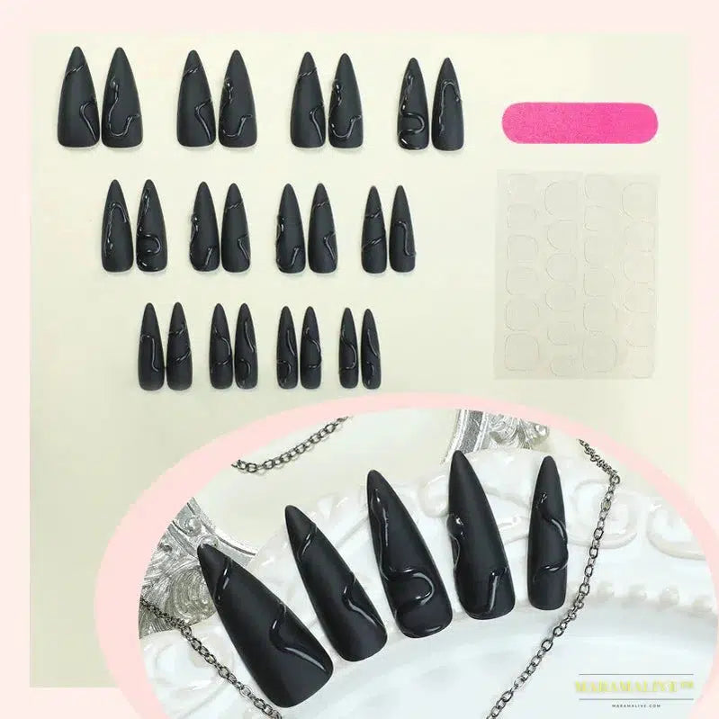 24pcs 3D Black Snake Super Long Pointy Halloween Dark Scrub Fake Nails Set - Gothic y2k Nails