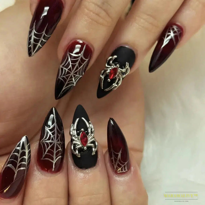 24pcs French Black Press-On Nails, Punk Style 3D Spider Skull Design, Mysterious Y2K Halloween Style, Cool Black & Red Tone