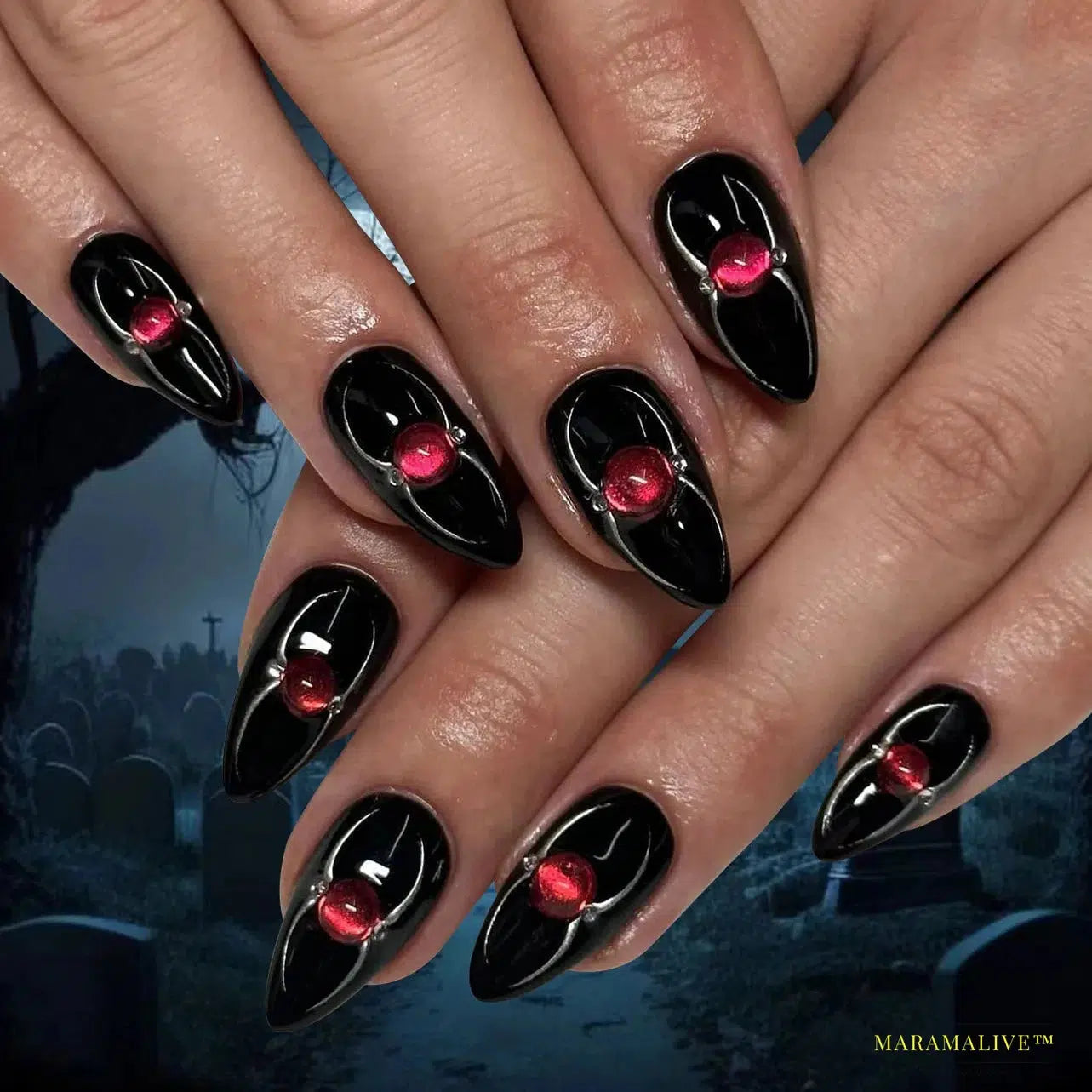 24pcs French Black Press-On Nails, Punk Style 3D Spider Skull Design, Mysterious Y2K Halloween Style, Cool Black & Red Tone