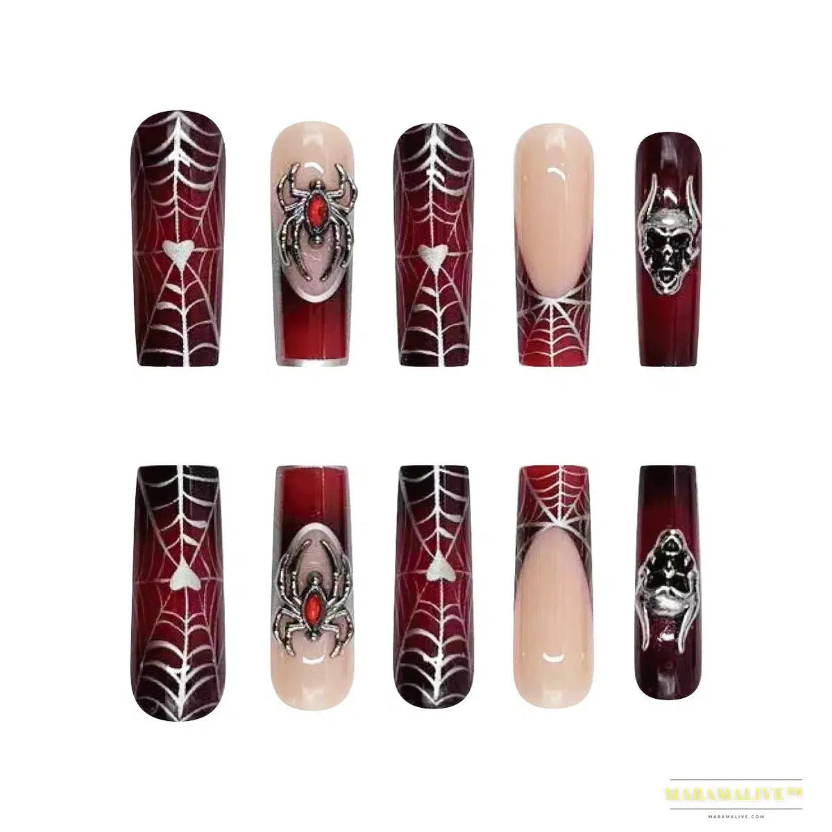 24pcs French Black Press-On Nails, Punk Style 3D Spider Skull Design, Mysterious Y2K Halloween Style, Cool Black & Red Tone