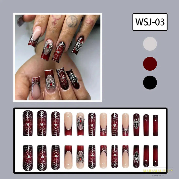 24pcs French Black Press-On Nails, Punk Style 3D Spider Skull Design, Mysterious Y2K Halloween Style, Cool Black & Red Tone