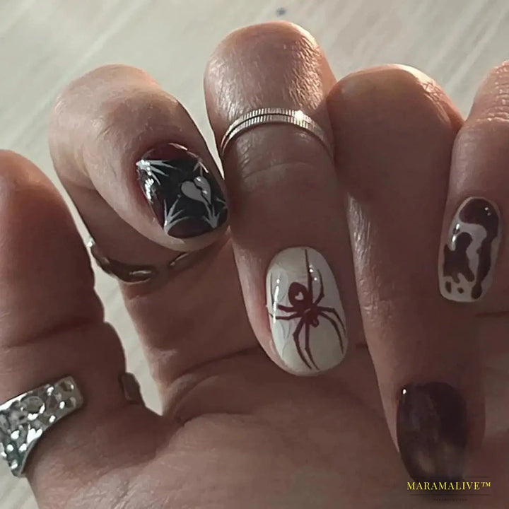 24pcs French Black Press-On Nails, Punk Style 3D Spider Skull Design, Mysterious Y2K Halloween Style, Cool Black & Red Tone