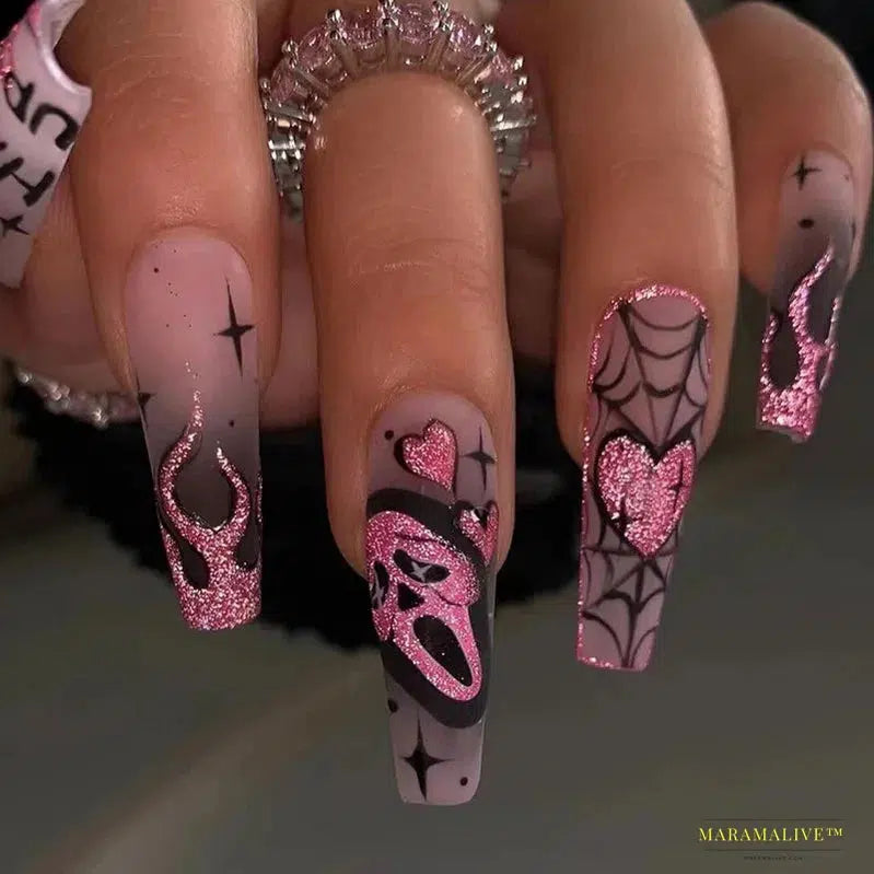 24pcs Glitter Pink Sequin Halloween Fake Nails - Scary Skull Love Heart Pattern - Glamorous Gothic Artificial Nail Patch Set