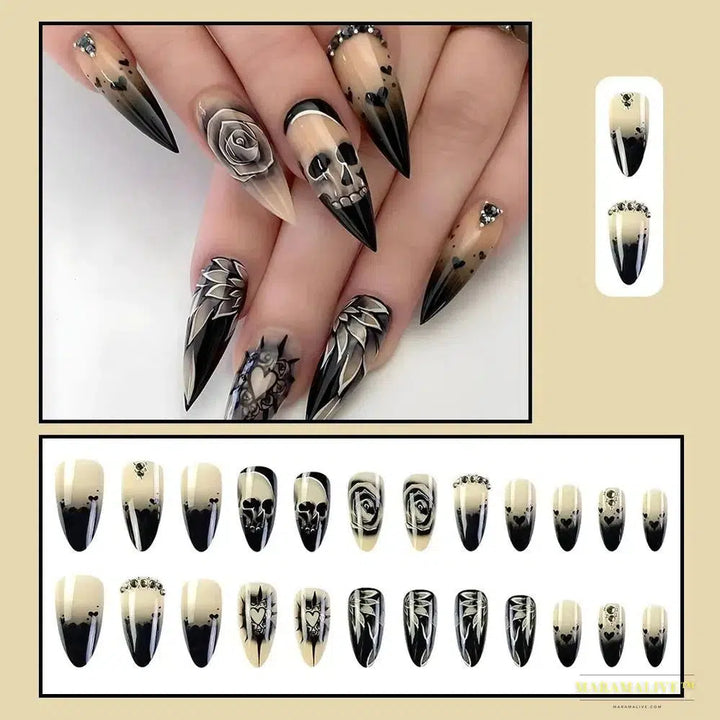 24pcs Gothic Rose Rhinestone Halloween Skull Fake Nails - Detachable, Full Cover, Wearable Long Length Press on Nails