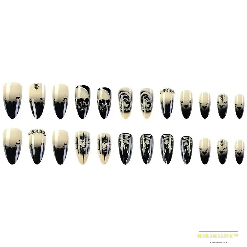 24pcs Gothic Rose Rhinestone Halloween Skull Fake Nails - Detachable, Full Cover, Wearable Long Length Press on Nails