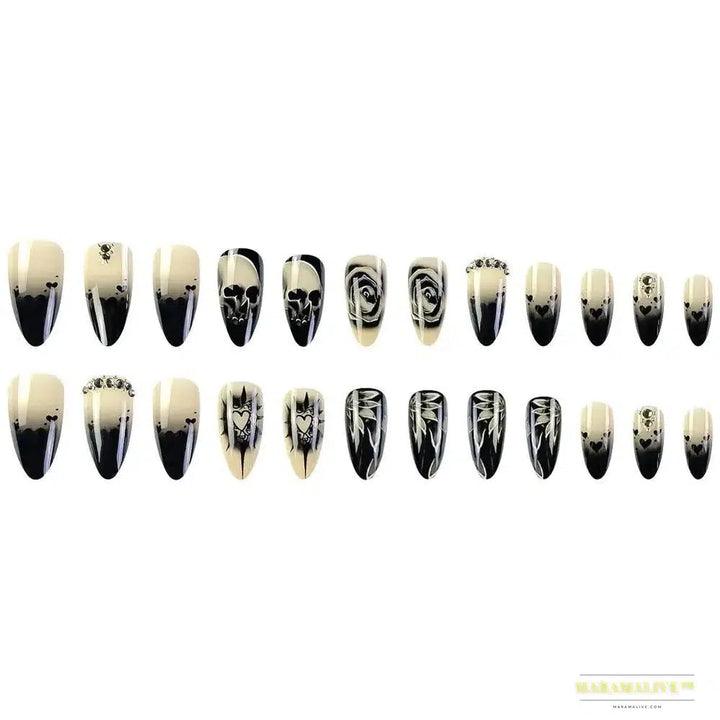 24pcs Gothic Rose Rhinestone Halloween Skull Fake Nails - Detachable, Full Cover, Wearable Long Length Press on Nails