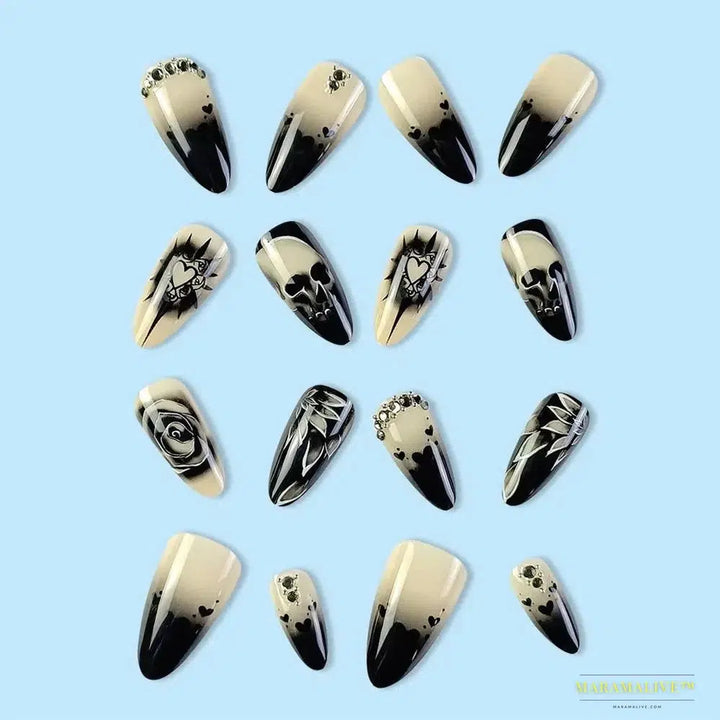 24pcs Gothic Rose Rhinestone Halloween Skull Fake Nails - Detachable, Full Cover, Wearable Long Length Press on Nails